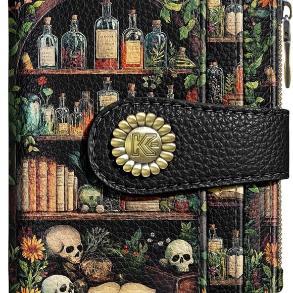 Gothic Bifold Wallet Faux Leather Small RFID Credit Card Organizer - Picture 1 of 7